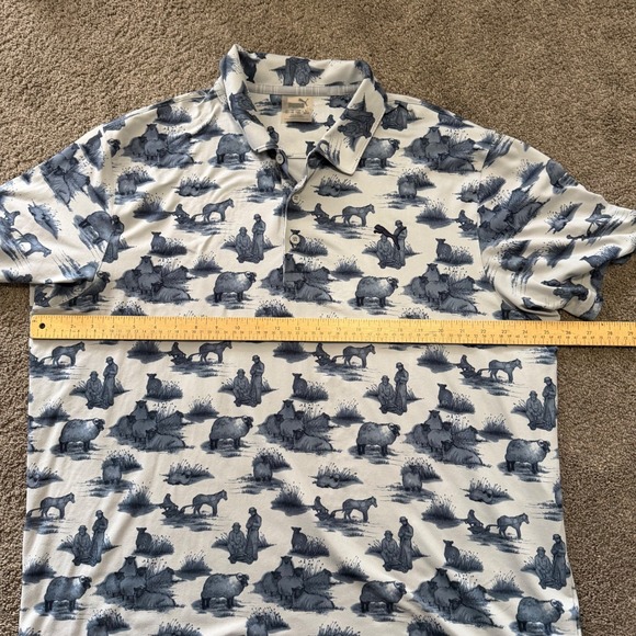 Puma Enjoy Golf Polo Shirt XL US Mens Western Cowboy Sheep Farm Print White Blue - Picture 3 of 9